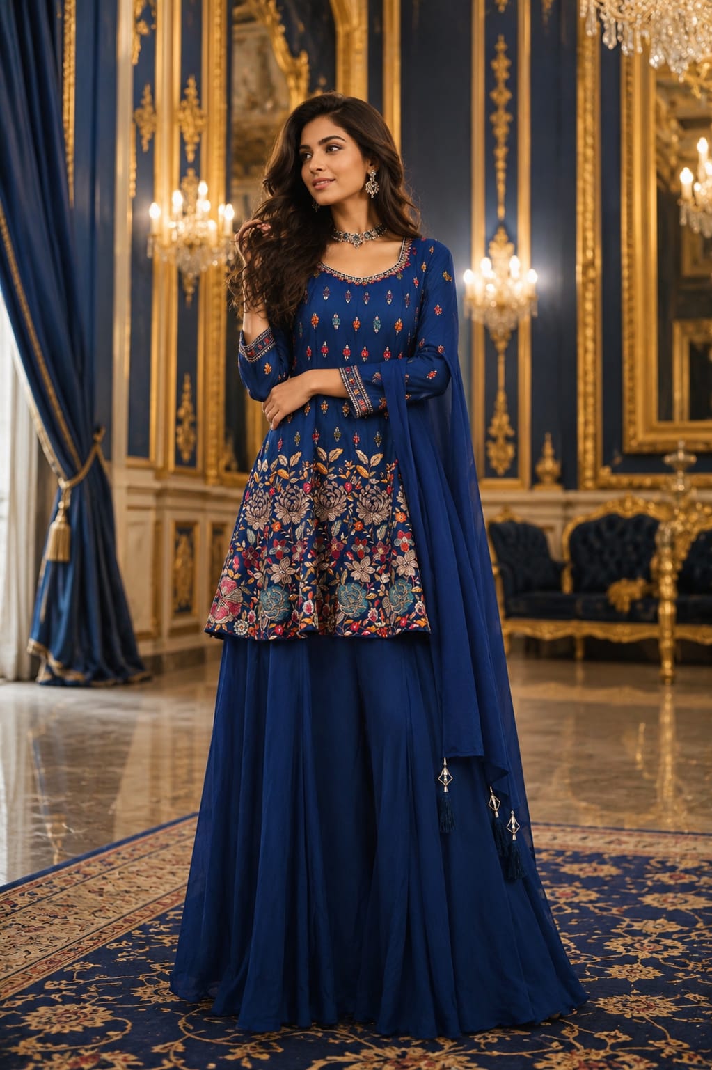 Sapphire Blossom Embroidered Palazzo Set