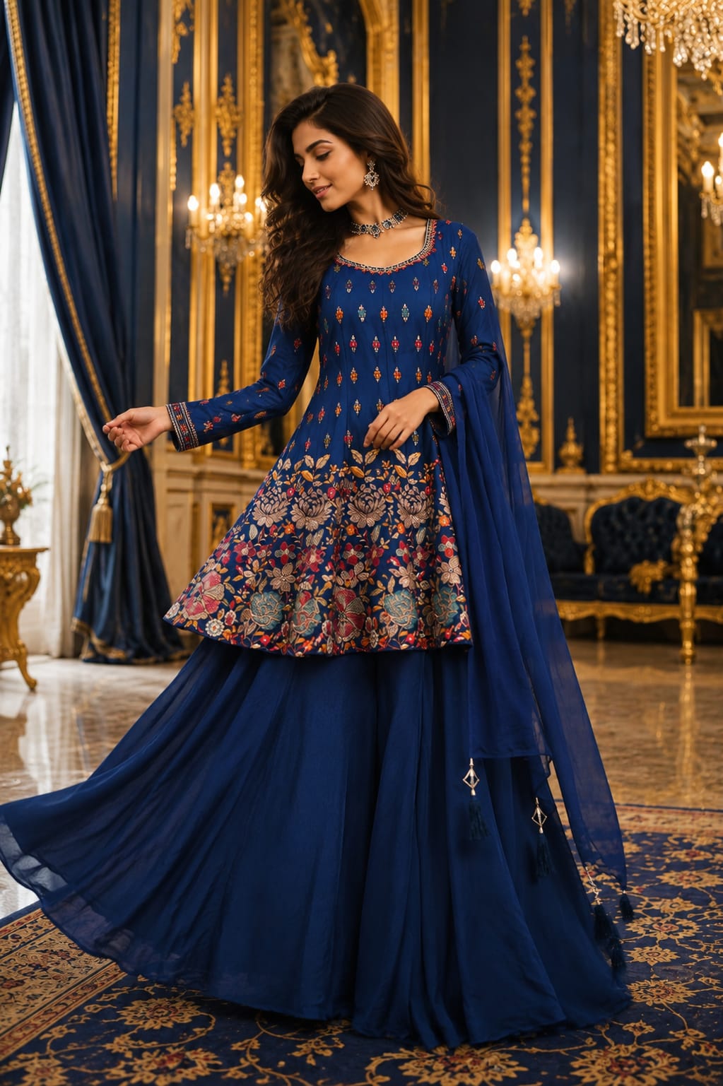 Sapphire Blossom Embroidered Palazzo Set