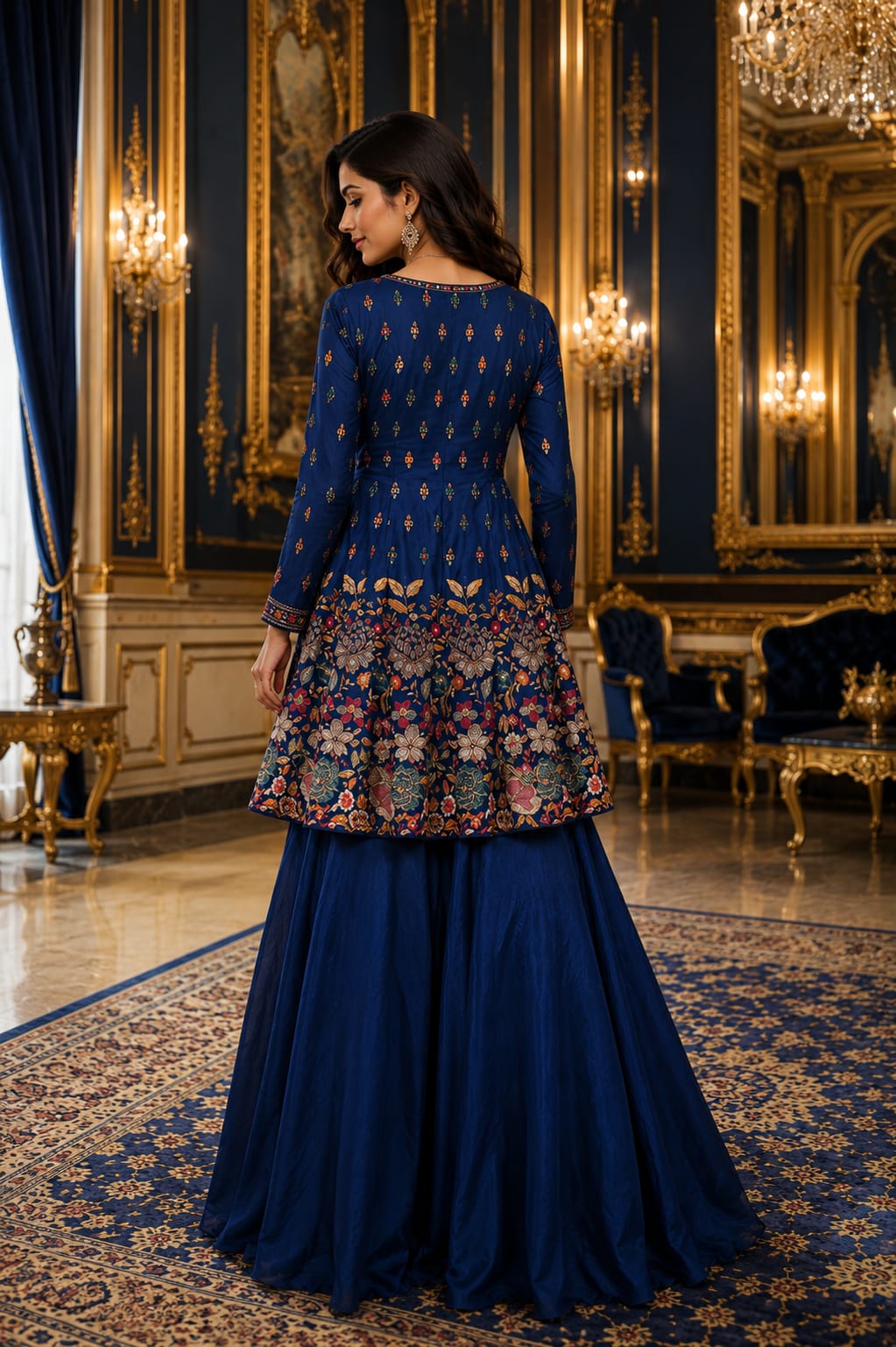 Sapphire Blossom Embroidered Palazzo Set