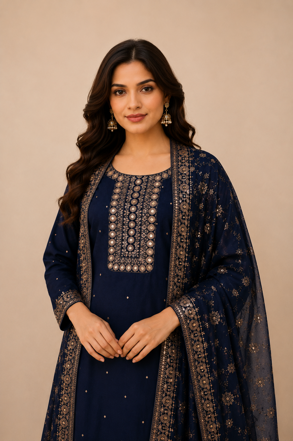 Royal Midnight Blue Embroidered Suit Set with Designer Dupatta