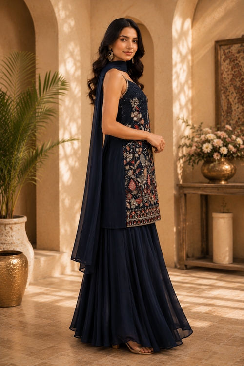 Midnight Sapphire Embroidered Palazzo Set