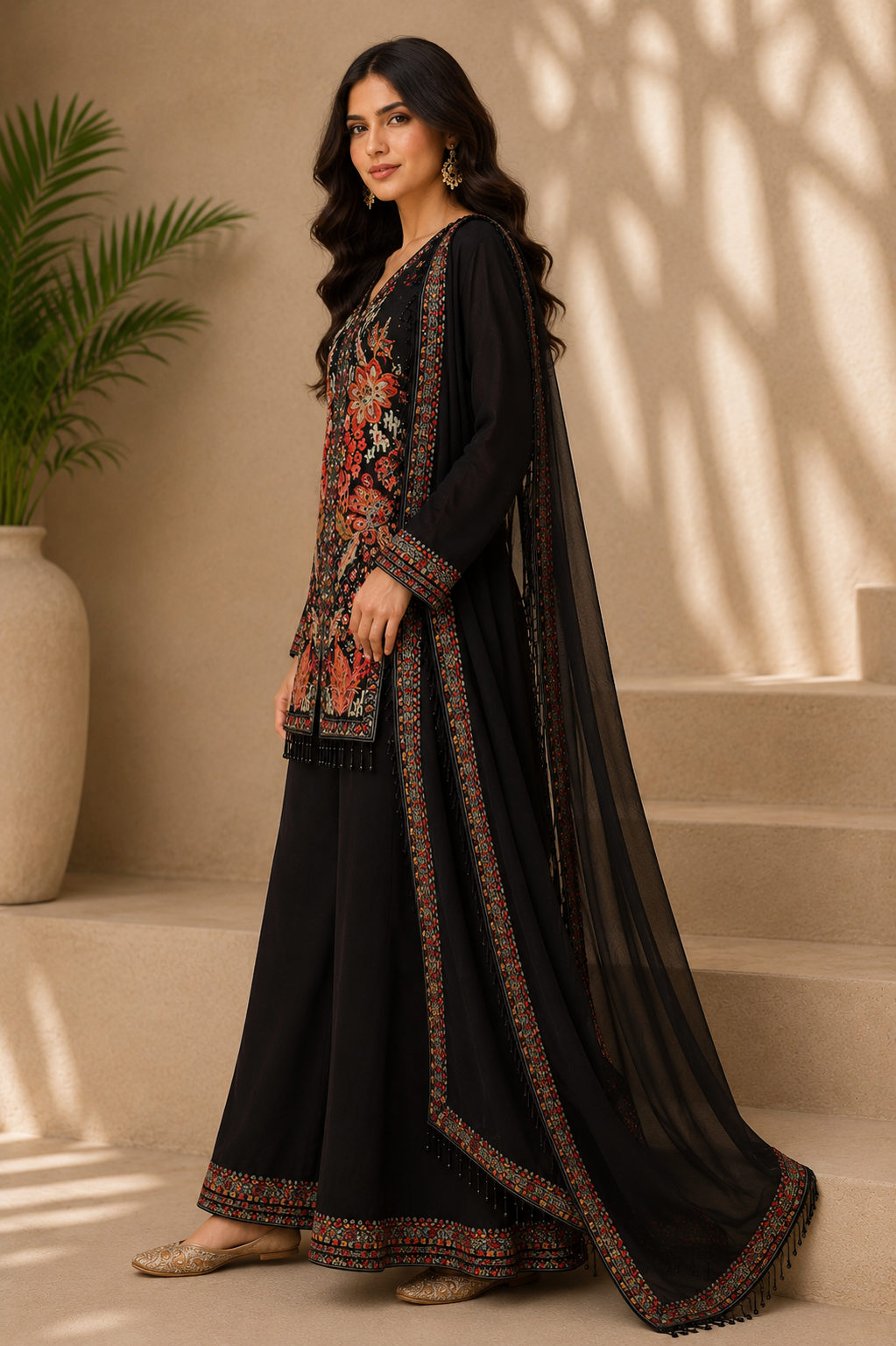 Midnight Noir Floral Embroidered Palazzo Suit Set