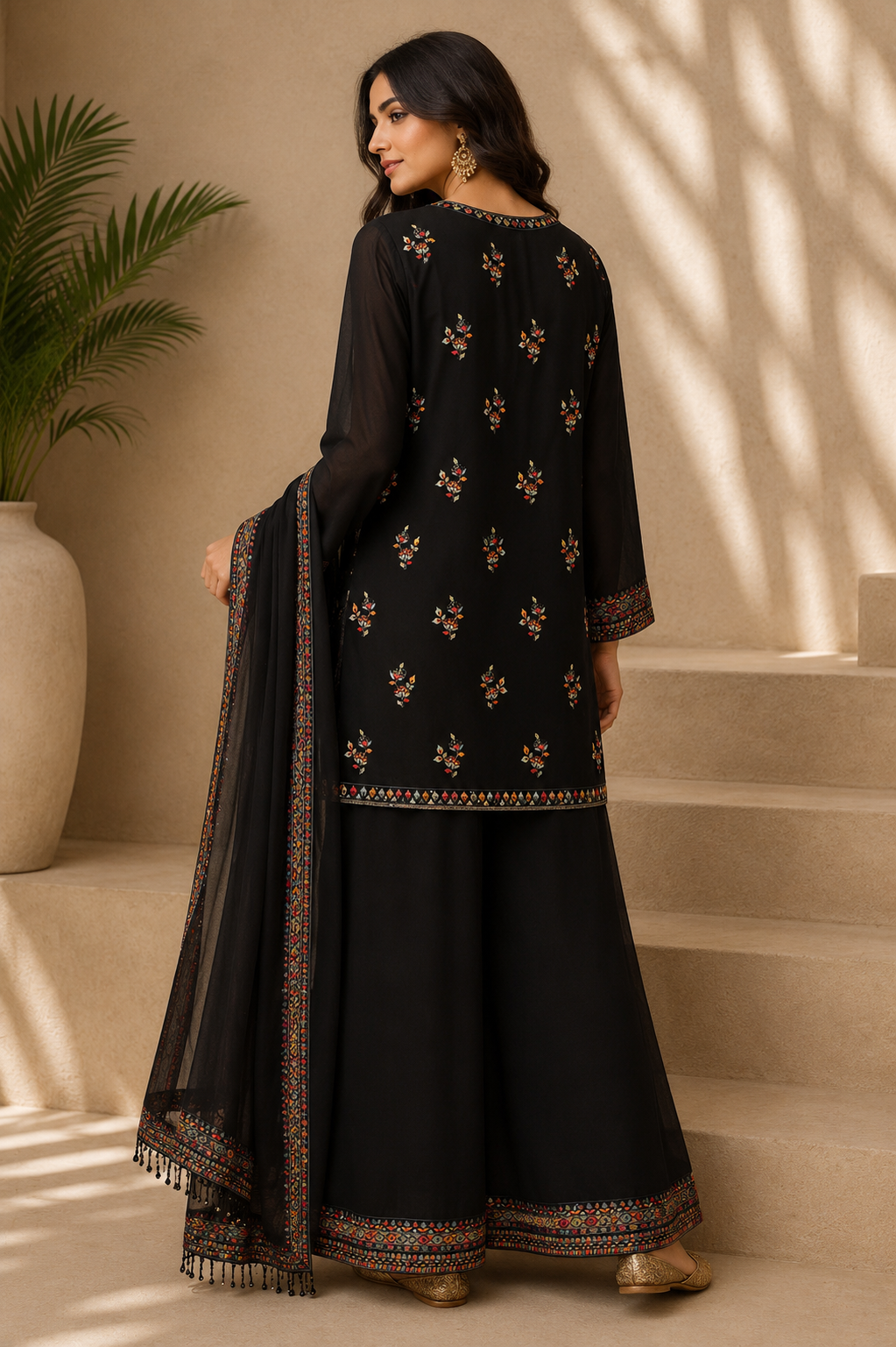 Midnight Noir Floral Embroidered Palazzo Suit Set