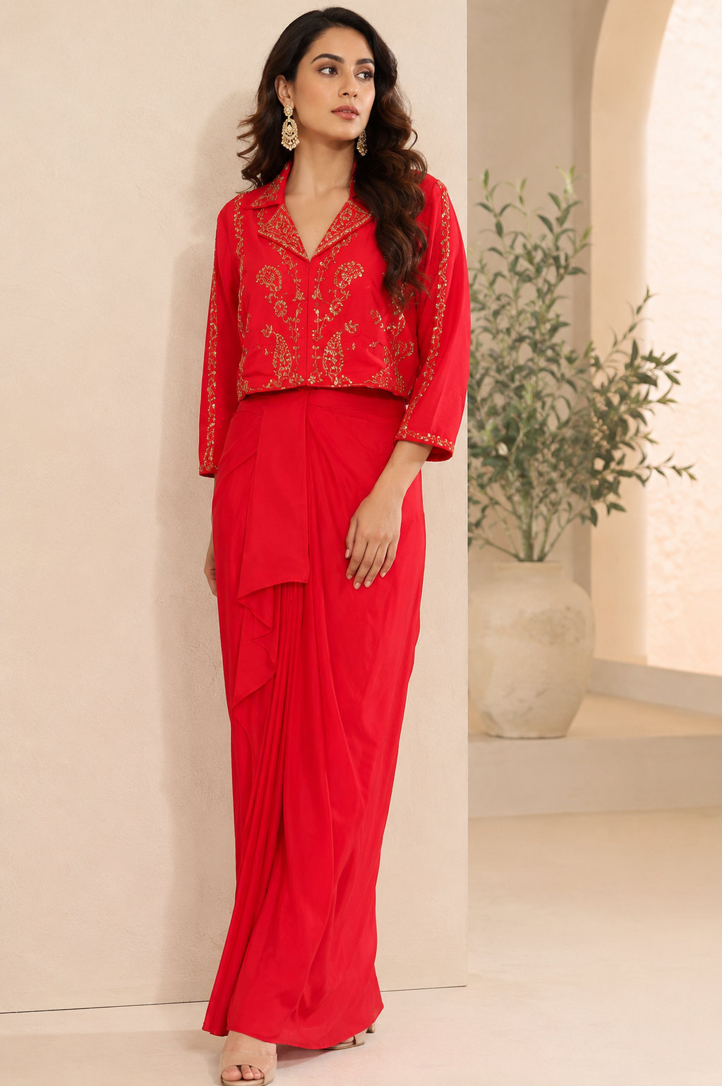 Crimson Royale Embroidered Drape Co-Ord Set