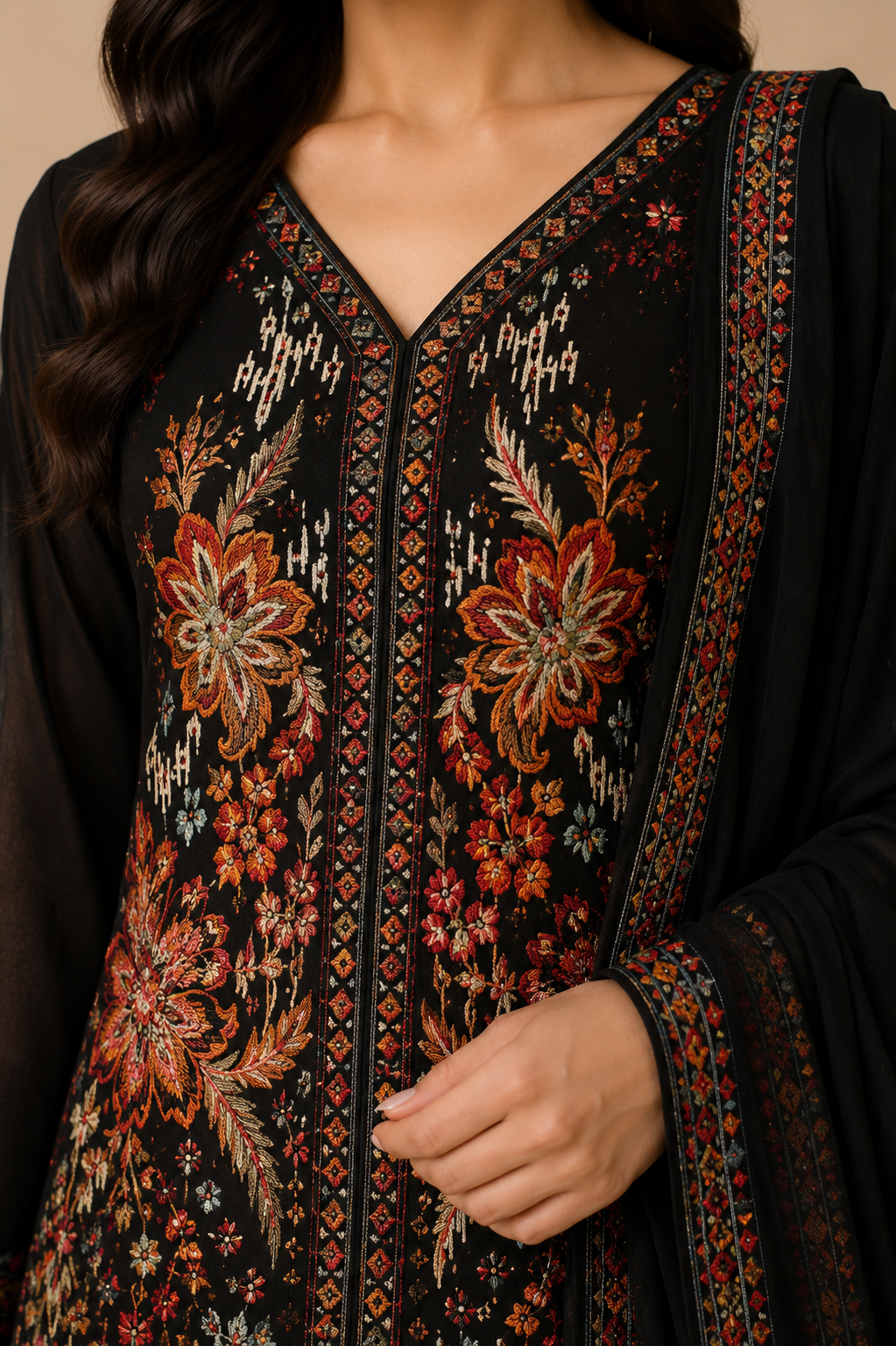 Midnight Noir Floral Embroidered Palazzo Suit Set