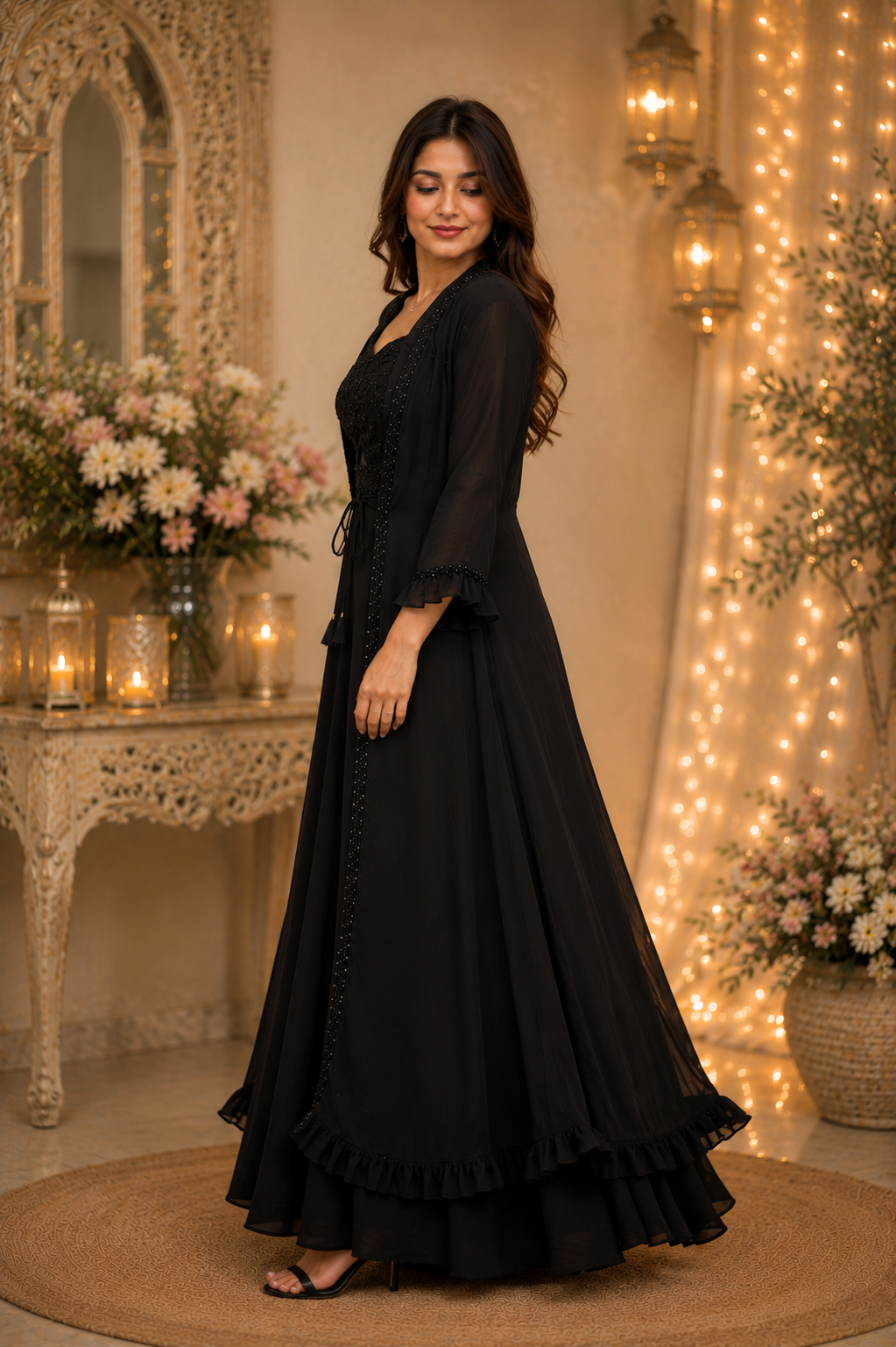 Midnight Noir Embellished Chiffon Divided Palazzo Set