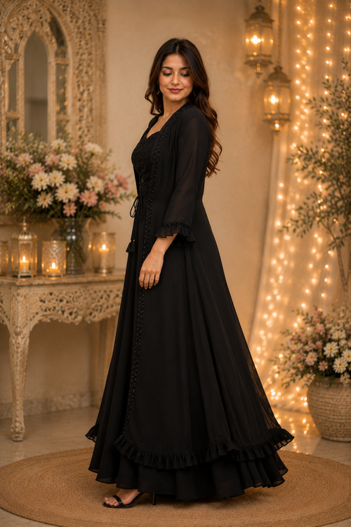 Midnight Noir Embellished Chiffon Divided Palazzo Set