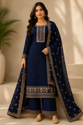 Royal Midnight Blue Embroidered Suit Set with Designer Dupatta