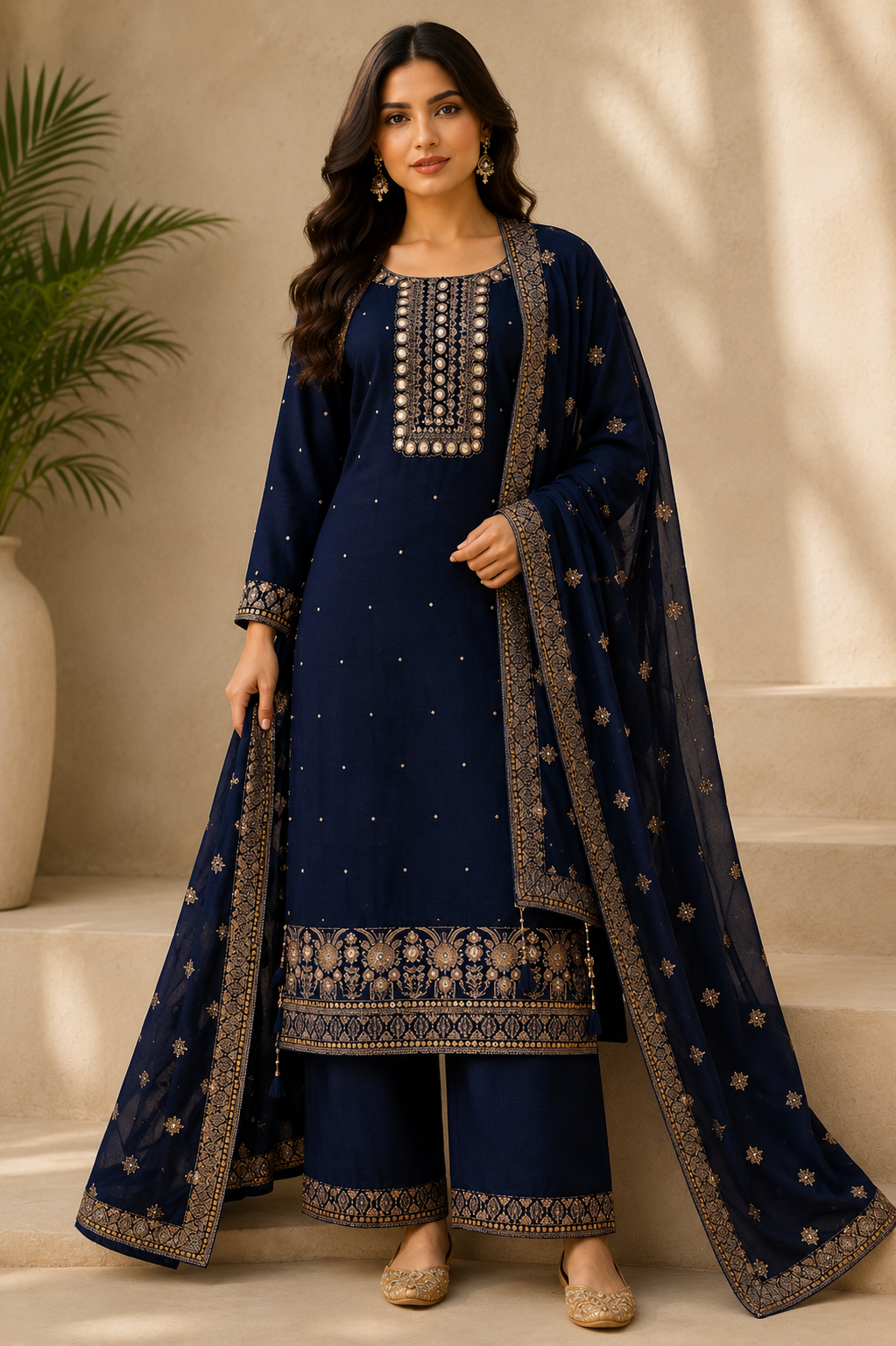 Royal Midnight Blue Embroidered Suit Set with Designer Dupatta