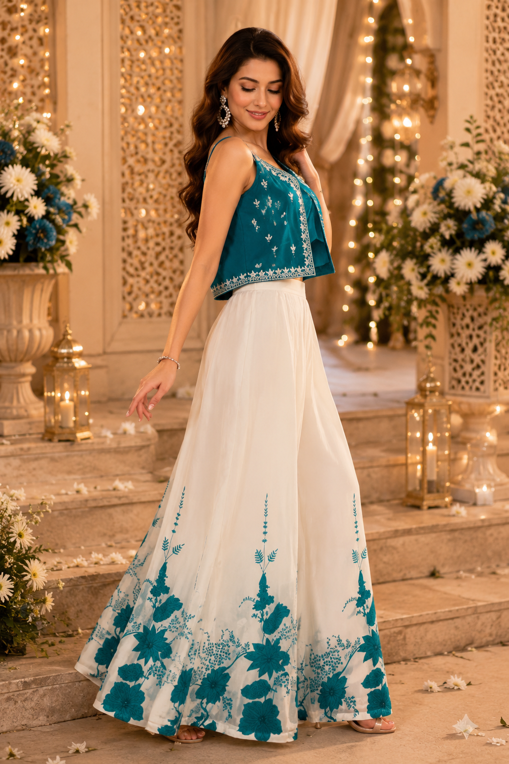 Ocean Pearl Embroidered Palazzo Set