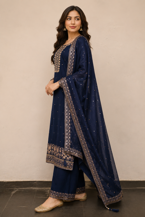 Royal Midnight Blue Embroidered Suit Set with Designer Dupatta