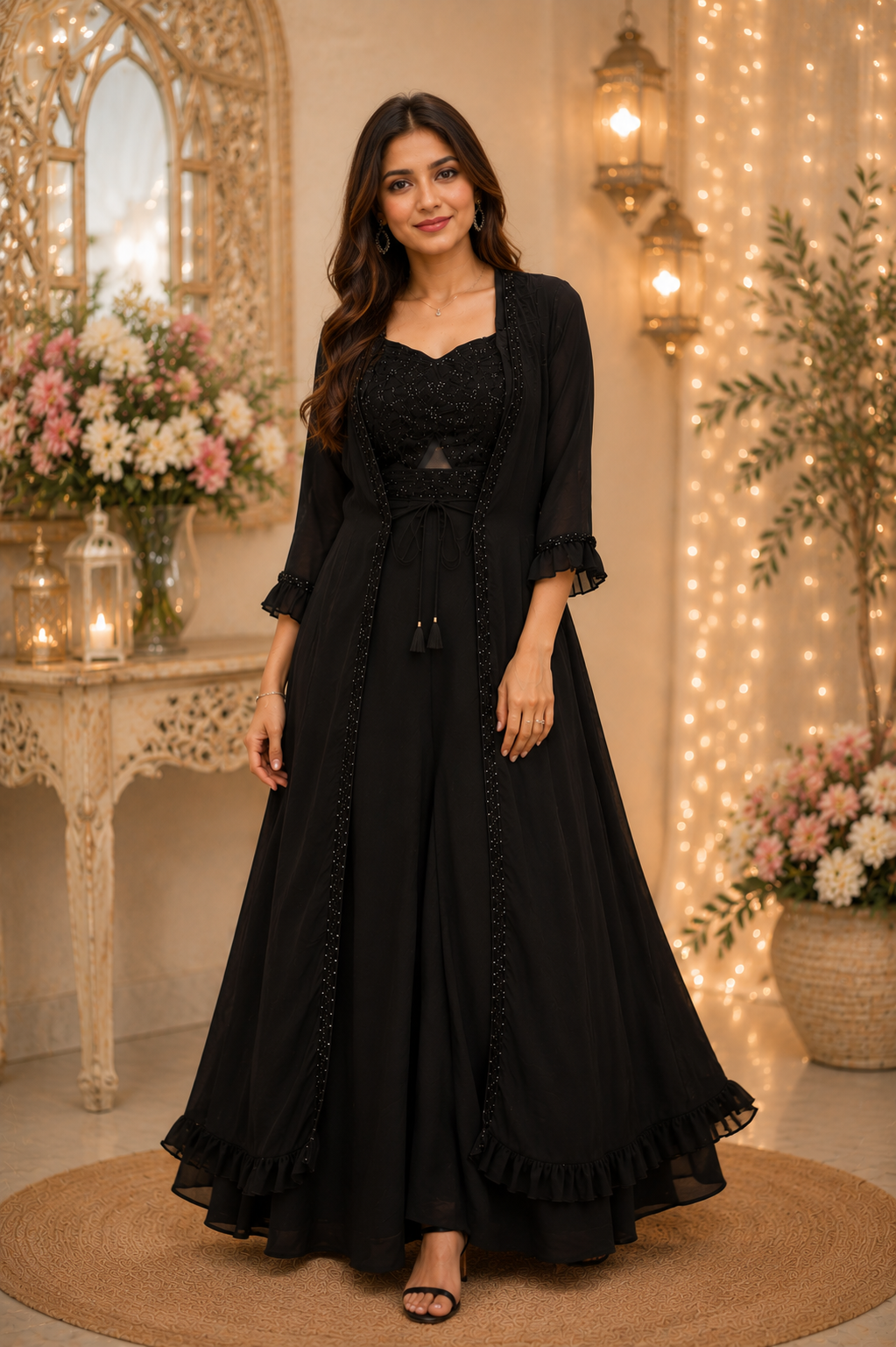 Midnight Noir Embellished Chiffon Divided Palazzo Set